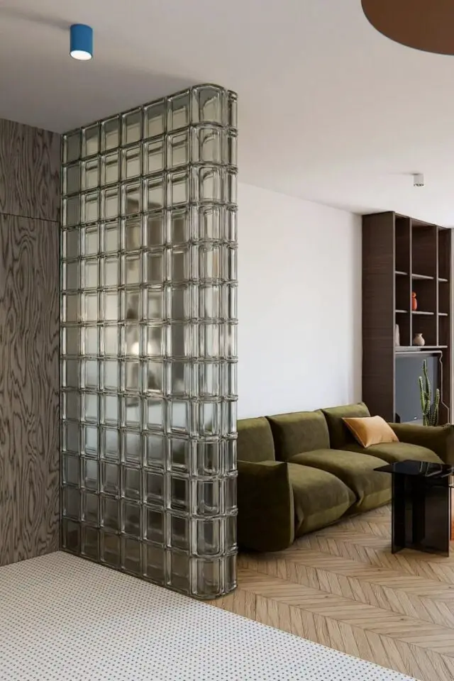 séparer entrée du salon cloison en pavés de verre revêtement de sol mosaïque et parquet pièce de vie chic et moderne 