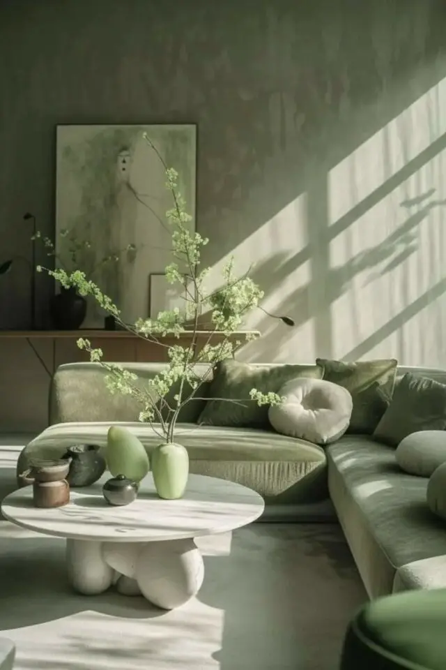 tendance color drenching définition monochrome vert salon séjour canapé d'angle peinture mur plantes 