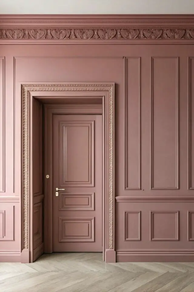 tendance color drenching définition couleur sourde rose ancien poudré peinture mur moulures portes plinthes boiseries 