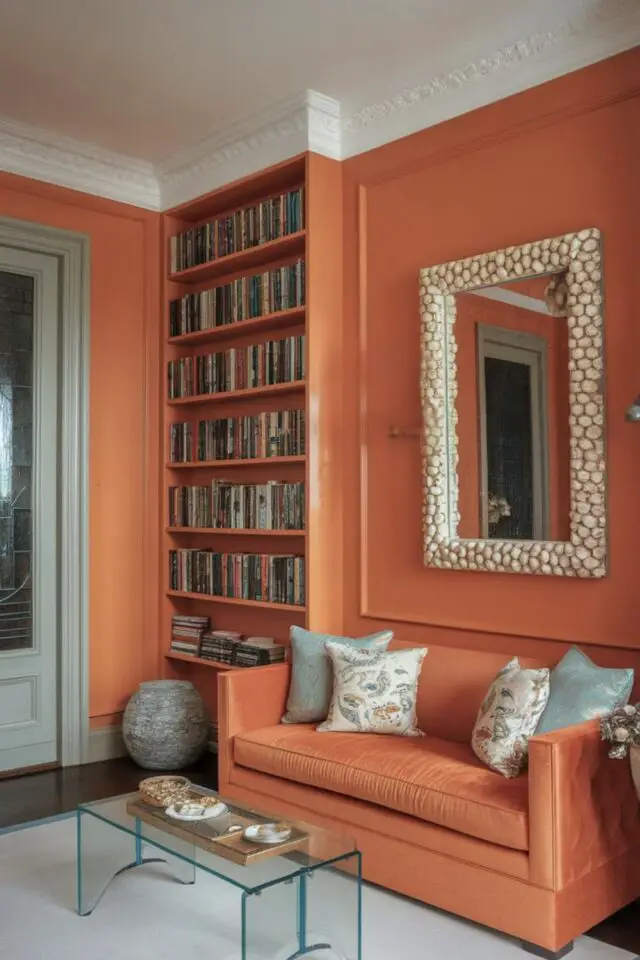 tendance color drenching caractéristiques monochrome en couleur vive salon séjour orange canapé mur bibliothèque ton sur ton 