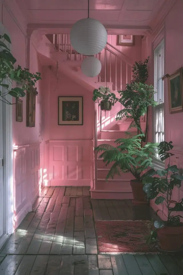 tendance color drenching définition monochrome rose couloir cage d'escaliers plafond soubassement 