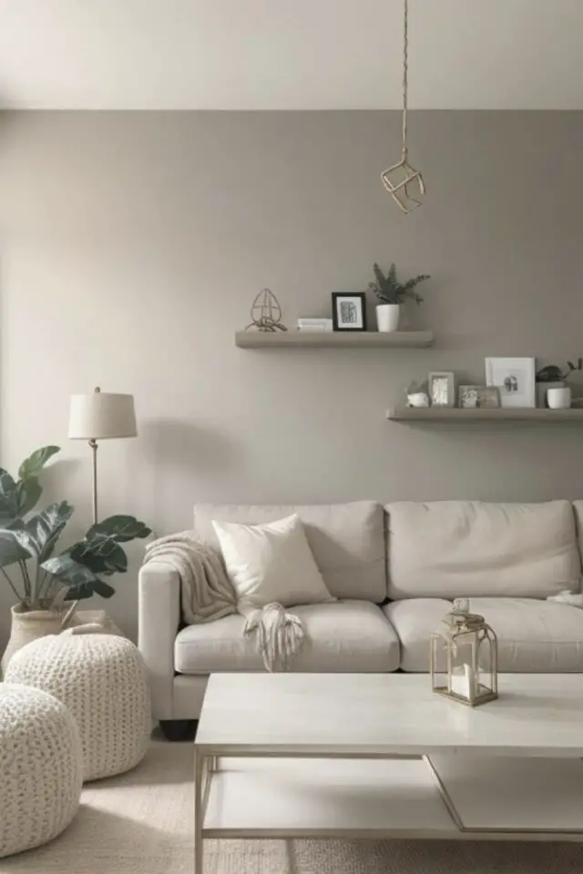 tendance color drenching caractéristiques couleur beige écru monochrome salon canapé mur étagères ton sur ton 