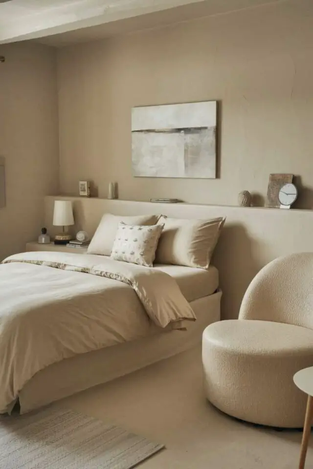 tendance color drenching définition monochrome beige chambre à coucher adulte mur tête de lit revêtement de sol linge de lit 