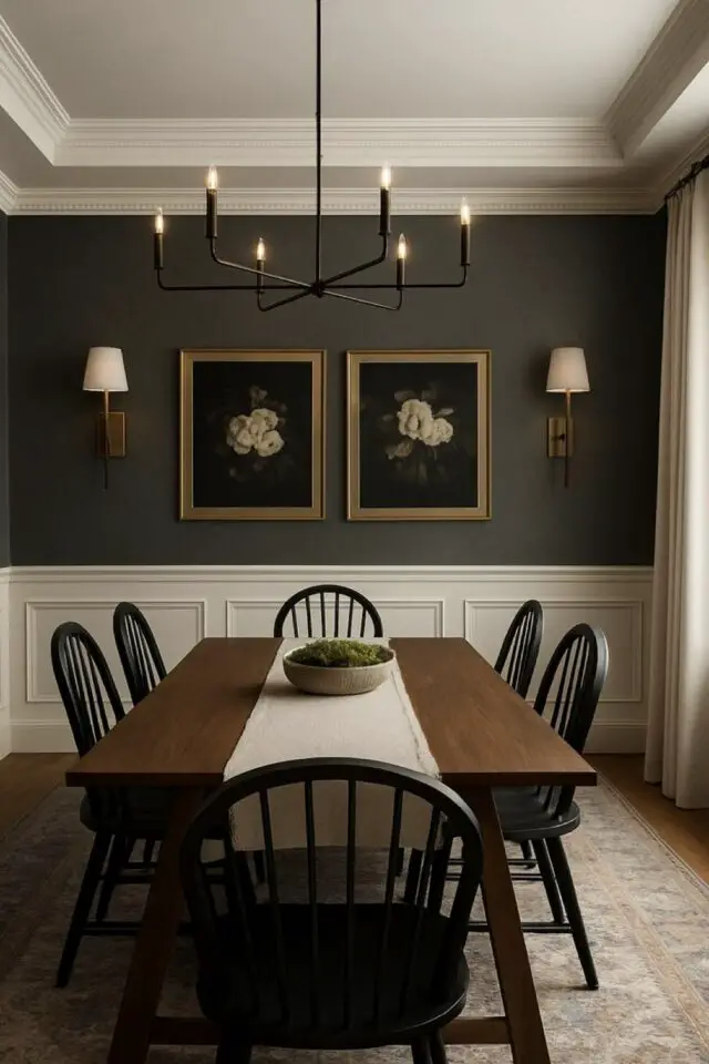 tendances déco 2026 salle à manger élégante table en bois rectangulaire chaises noires décoration murale moulures soubassement couleur vert foncé tendances déco 2026 salle à manger élégante table en bois rectangulaire chaises noires décoration murale moulures soubassement couleur vert foncé