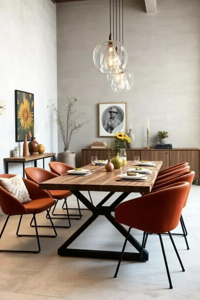 tendances déco 2026 salle à manger exemple moderne chic table en bois piètement métal fauteuil cosy cuir naturel décor mural épuré grande enfilade tendances déco 2026 salle à manger exemple moderne chic table en bois piètement métal fauteuil cosy cuir naturel décor mural épuré grande enfilade