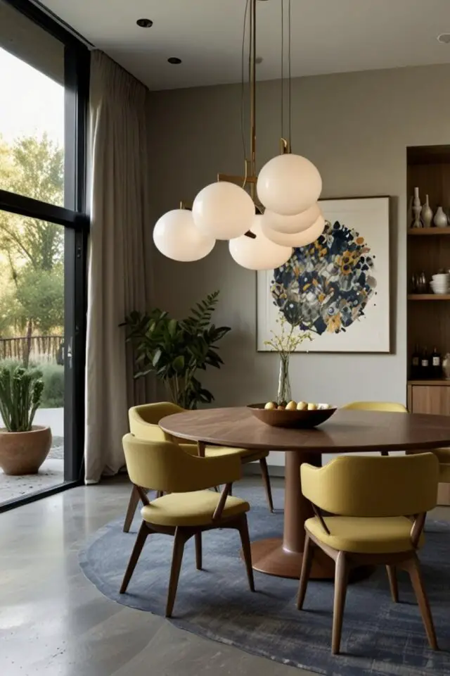 tendances déco 2026 salle à manger mobilier années 50 bois sombre fauteuil de table jaune suspension globe opaline grande baie vitrée tendances déco 2026 salle à manger mobilier années 50 bois sombre fauteuil de table jaune suspension globe opaline grande baie vitrée