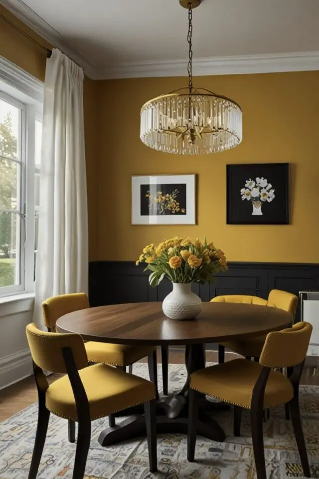 tendances déco 2026 salle à manger exemple couleur dominante jaune moutarde table ovale en bois peinture chaise tapis soubassement sombre nouveaux neutres tendances déco 2026 salle à manger exemple couleur dominante jaune moutarde table ovale en bois peinture chaise tapis soubassement sombre nouveaux neutres