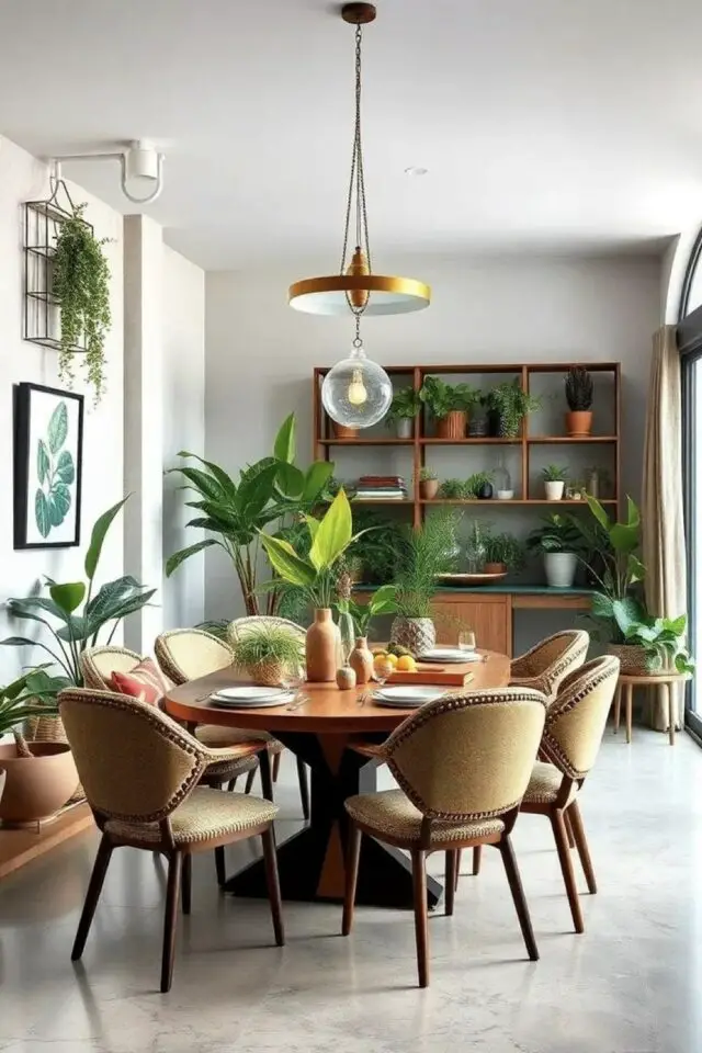 tendances déco 2026 salle à manger avec bibliothèque meuble mid century moderne table ovale chaise jaune en velours plantes vertes tendances déco 2026 salle à manger avec bibliothèque meuble mid century moderne table ovale chaise jaune en velours plantes vertes