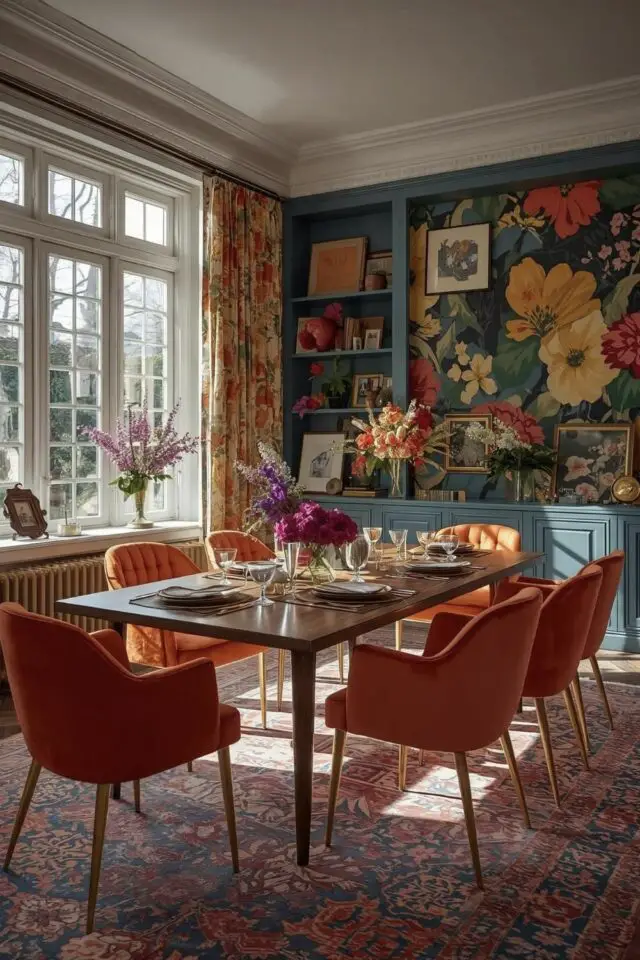 tendances déco 2026 salle à manger exemple pièce fermée mur papier peint floral meuble sur-mesure bibliothèque bleue tapis ancien chaise orange table rectangulaire bois avec pied en compas tendances déco 2026 salle à manger exemple pièce fermée mur papier peint floral meuble sur-mesure bibliothèque bleue tapis ancien chaise orange table rectangulaire bois avec pied en compas
