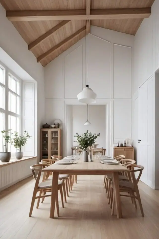 tendances déco 2026 salle à manger exemple minimaliste scandinave grande table en bois lambris plafond mur blanc chic et spacieux tendances déco 2026 salle à manger exemple minimaliste scandinave grande table en bois lambris plafond mur blanc chic et spacieux