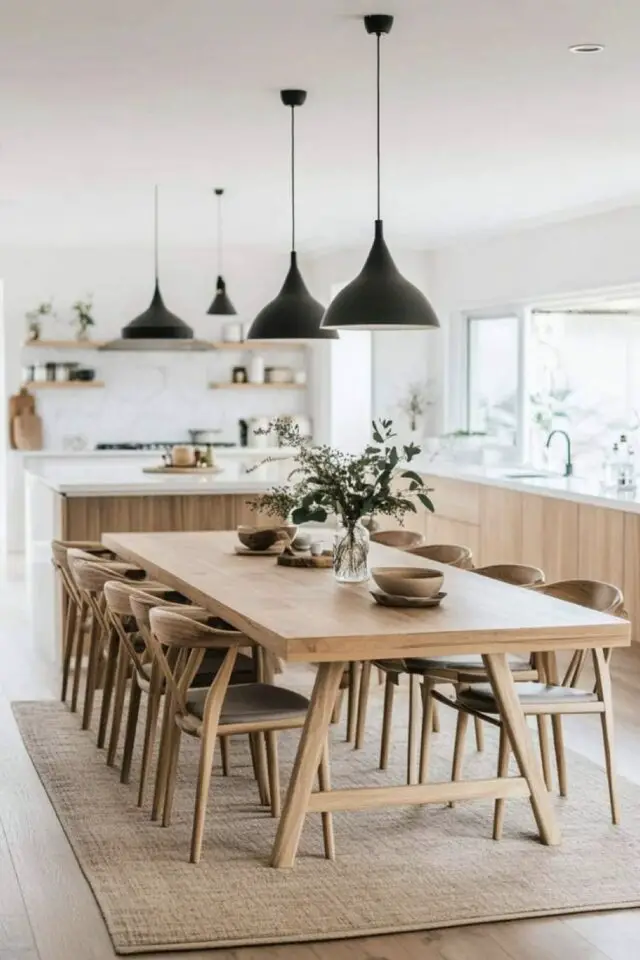 tendances déco 2026 salle à manger ouverte cuisine table 8 à 10 personnes en bois chaise simple tapis naturel suspension brune pièce à vivre lumineuse tendances déco 2026 salle à manger ouverte cuisine table 8 à 10 personnes en bois chaise simple tapis naturel suspension brune pièce à vivre lumineuse