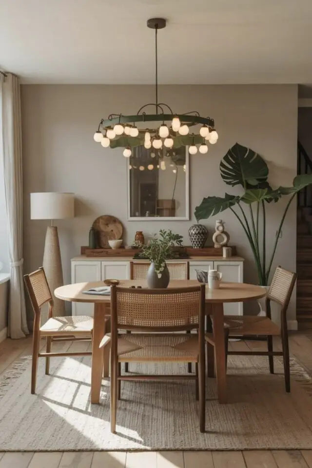 tendances déco 2026 salle à manger table 4 personnes en bois petit buffet beige tapis fibres naturelles tendances déco 2026 salle à manger table 4 personnes en bois petit buffet beige tapis fibres naturelles