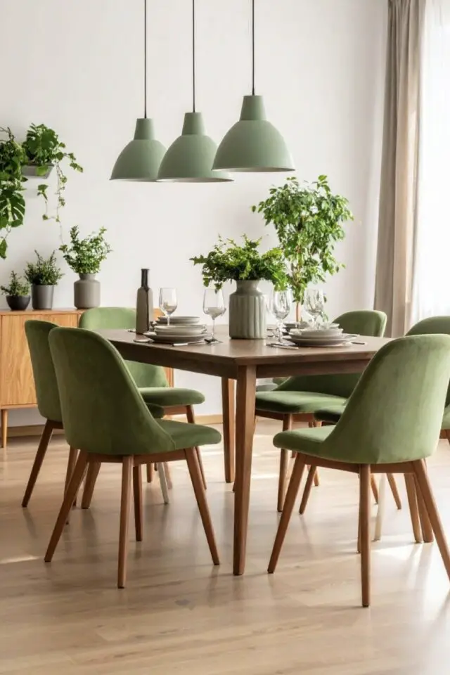 tendances déco 2026 salle à manger bois vert et blanc simple et agréable suspension moderne tendances déco 2026 salle à manger bois vert et blanc simple et agréable suspension moderne