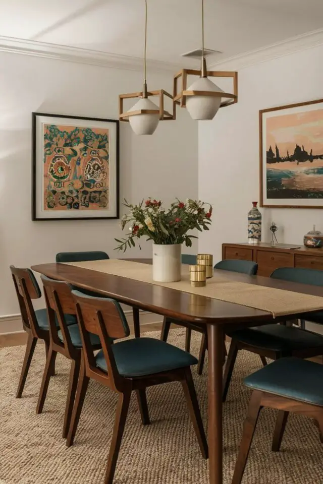 tendances déco 2026 salle à manger exemple mobilier style mid centuryy modern années 50 table angle arrondi bois sombre chaise simple assise gris bleu décoration murale tableau tendances déco 2026 salle à manger exemple mobilier style mid centuryy modern années 50 table angle arrondi bois sombre chaise simple assise gris bleu décoration murale tableau