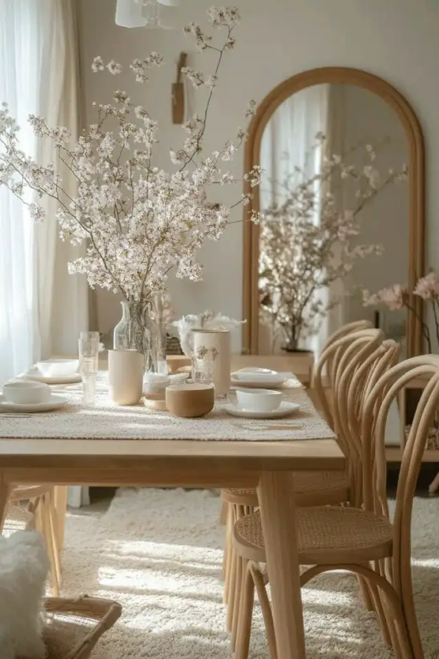 tendances déco 2026 salle à manger minimalisme chaleureux table en bois chaises simple miroir cintré tendances déco 2026 salle à manger minimalisme chaleureux table en bois chaises simple miroir cintré