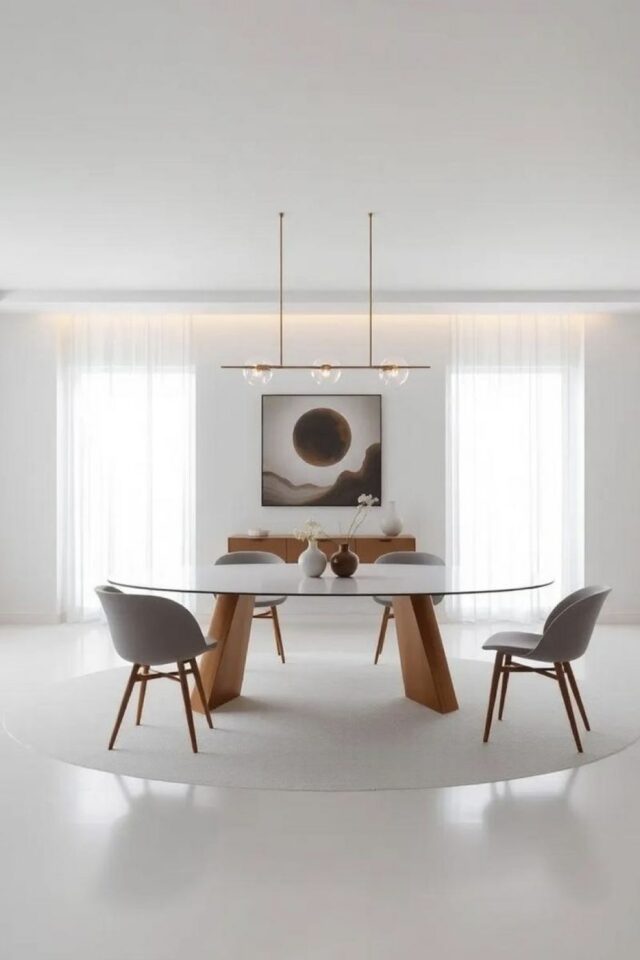tendances déco 2026 salle à manger exemple minimalisme grande table ovale piètement bois chaise grise luminaire épuré tableau mur dessus buffet tendances déco 2026 salle à manger exemple minimalisme grande table ovale piètement bois chaise grise luminaire épuré tableau mur dessus buffet
