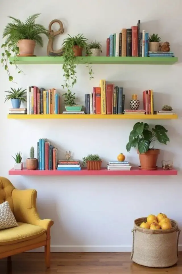 association de couleur déco jaune et fuchsia idées facile étagères murale colorées touche de couleur mur blanc salon séjour moderne 