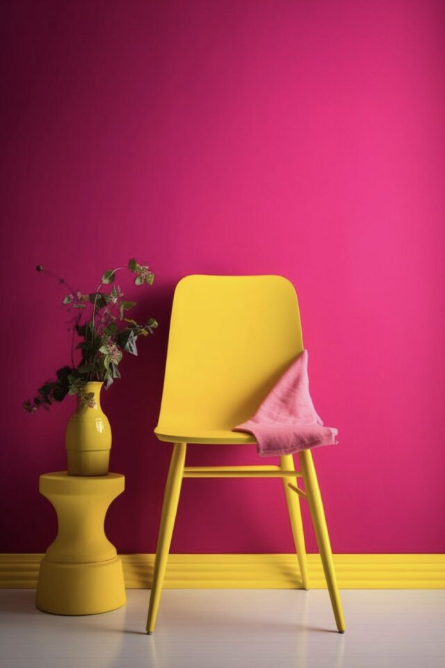 association de couleur déco jaune et fuchsia mur rose chaise tabouret vase et plinthe jaune contraste lumière 