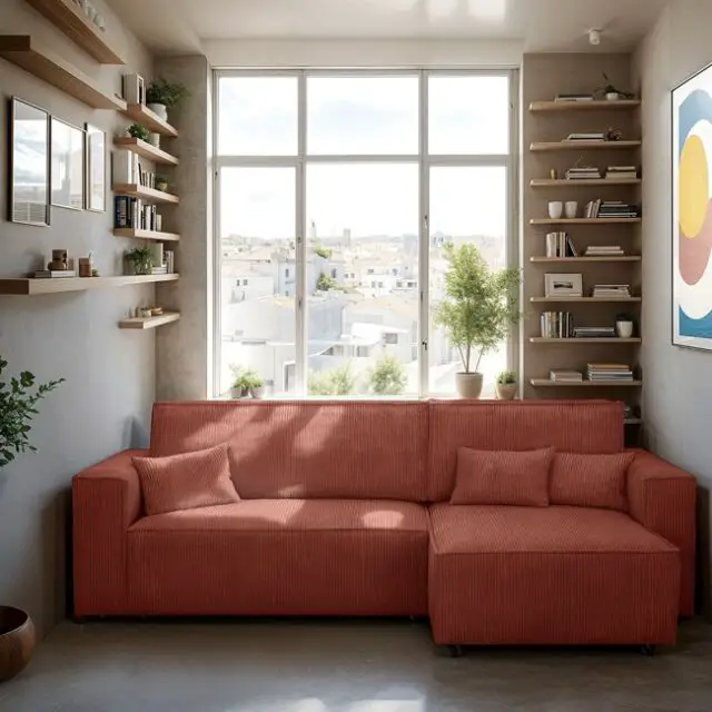 Canapé d'angle convertible 4 places  velours côtelé rouille