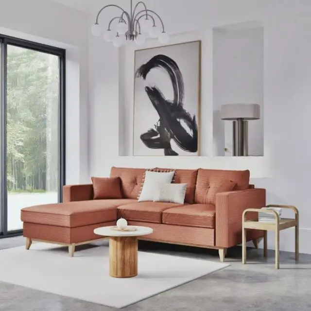 Canapé d'angle convertible style scandinave 4/5 places en velours côtelé orange écureuil