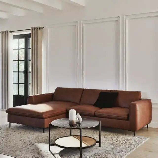 Canapé d'angle gauche 4/5 places en cuir recyclé marron