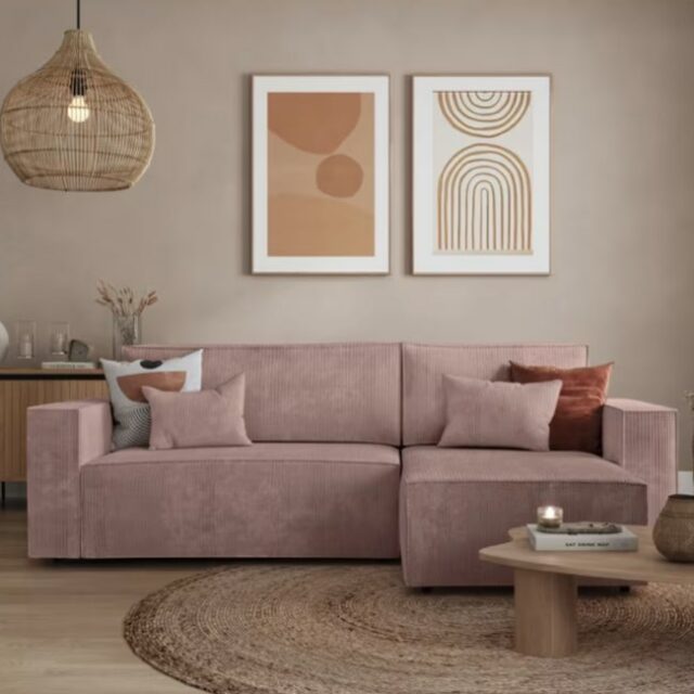 Canapé d'angle convertible avec coffre en velours côtelé - Rose Canapé d'angle convertible avec coffre en velours côtelé - Rose