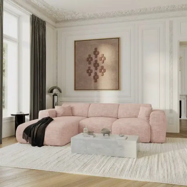 Canapé convertible angle gauche 5 places velours texturé rose vintage Canapé convertible angle gauche 5 places velours texturé rose vintage