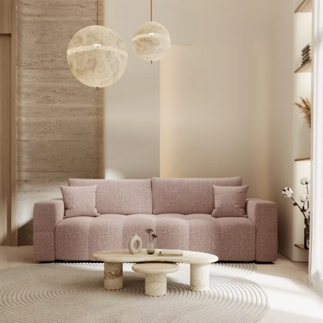 Canapé convertible express 4 places en velours texturé rose vintage