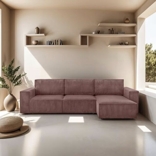 Canapé angle convertible réversible 5 places velours côtelé vieux rose Canapé angle convertible réversible 5 places velours côtelé vieux rose