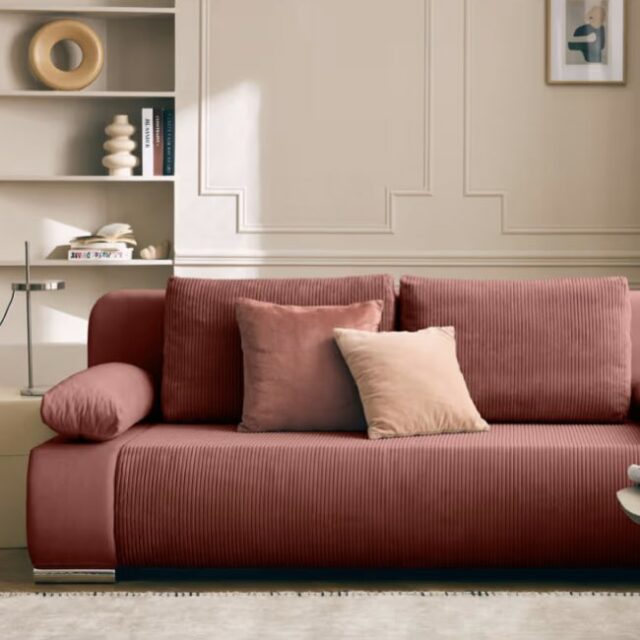 Canapé droit convertible 3 places en velours et velours côtelé rose Canapé droit convertible 3 places en velours et velours côtelé rose