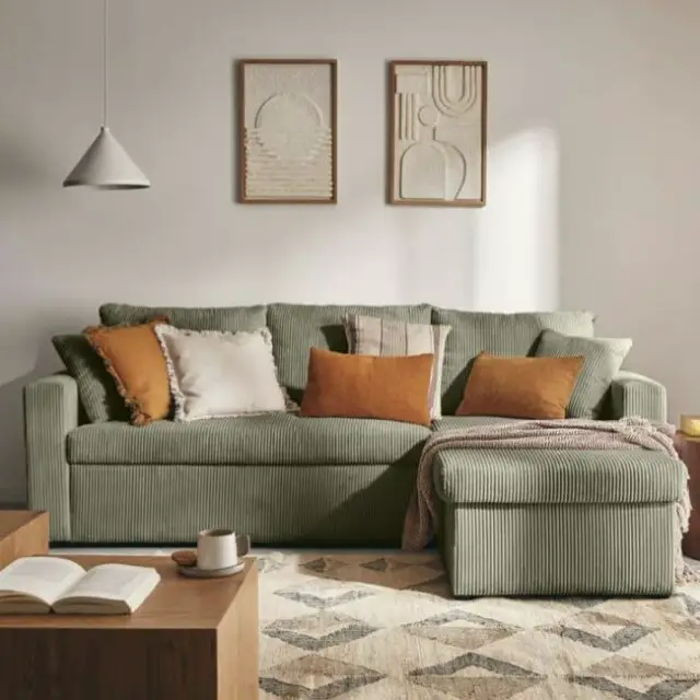 Canapé d'angle réversible convertible 4 places en velours côtelé vert