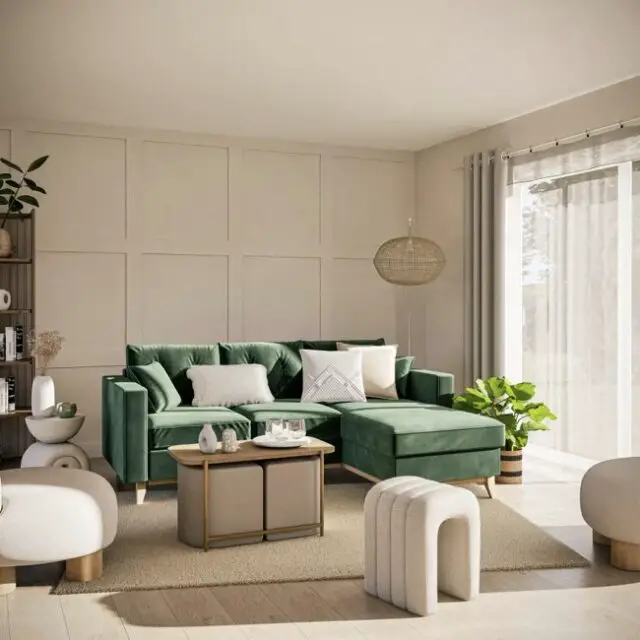 Canapé d'angle convertible style scandinave 3/4 places en velours vert