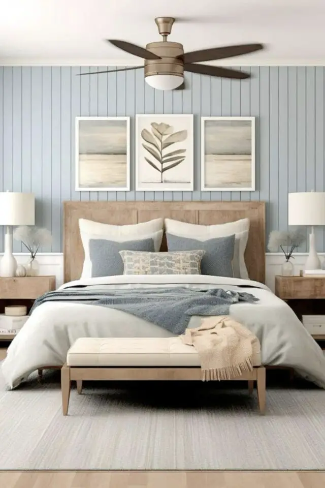 chambre bleu ciel et gris meuble en bois tête de lit bout de lit mur lambris peint chambre bleu ciel et gris meuble en bois tête de lit bout de lit mur lambris peint