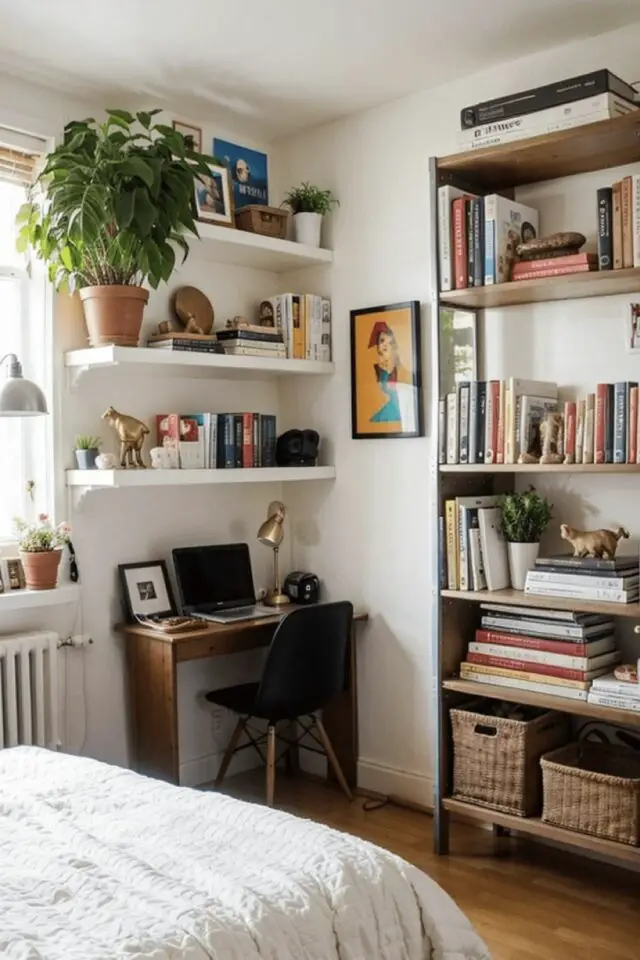 chambre parentale tendances déco 2026 espace polyvalent travail à domicile bureau console gain de place pan de mur près de la fenêtre étagère blanche chambre parentale tendances déco 2026 espace polyvalent travail à domicile bureau console gain de place pan de mur près de la fenêtre étagère blanche