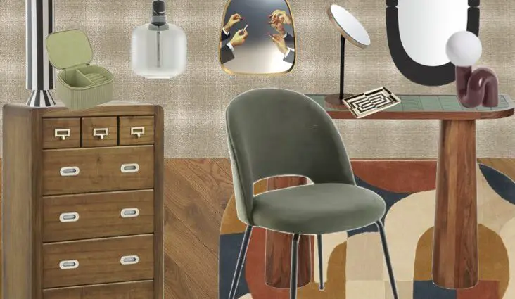 coiffeuse chic chambre a coucher commode console bois sombre accessoires objets décoratifs design et élégants