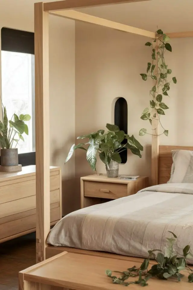 déco chambre tendances 2026 style nature moderne meuble en pin lit à baldaquin petite plantes vertes mur écru déco chambre tendances 2026 style nature moderne meuble en pin lit à baldaquin petite plantes vertes mur écru