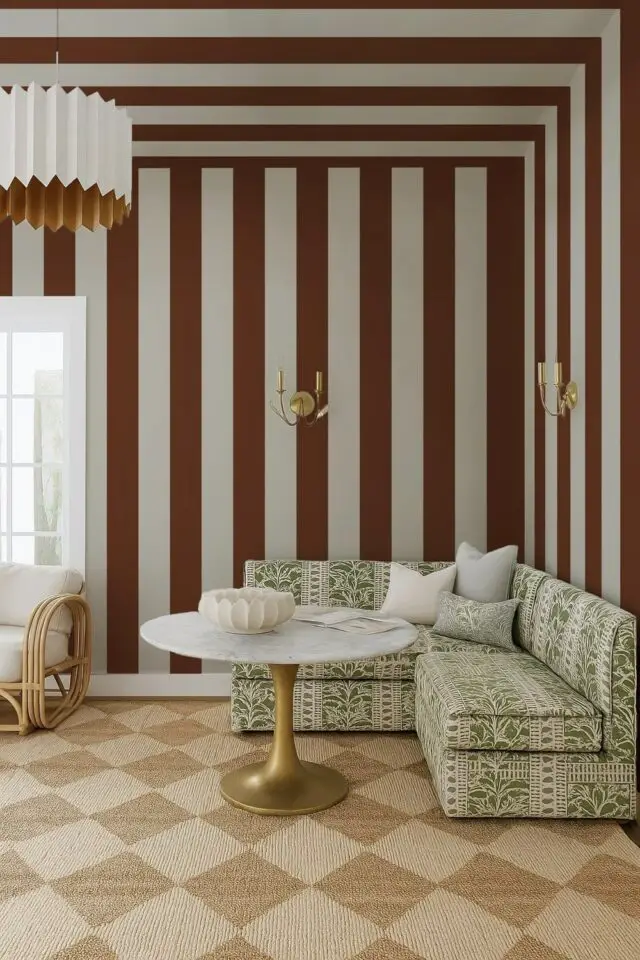 déco mur salon papier peint moderne à rayures sur tous les murs exemple canapé motif revêtement textile imprimé sol losange déco mur salon papier peint moderne à rayures sur tous les murs exemple canapé motif revêtement textile imprimé sol losange
