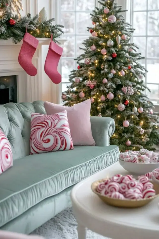 déco noël rose et verte salon canapé céladon coussins roses sapin boules colorées chaussettes suspendues à la cheminée 