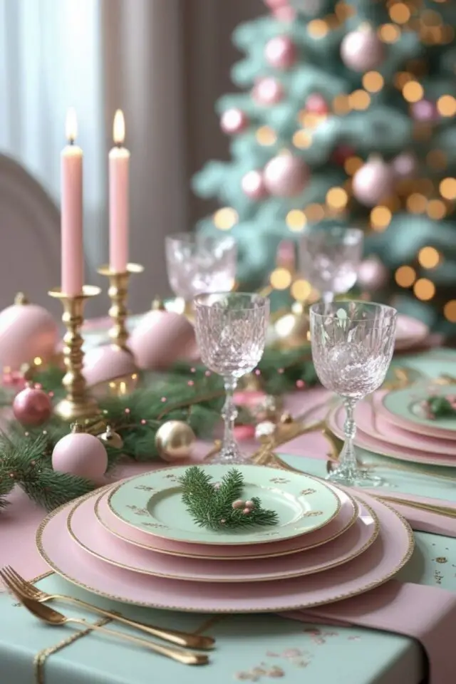 déco noël rose et verte décor de table assiettes liseré doré bougeoirs couvert verre à pied en cristal ambiance féminine chic 
