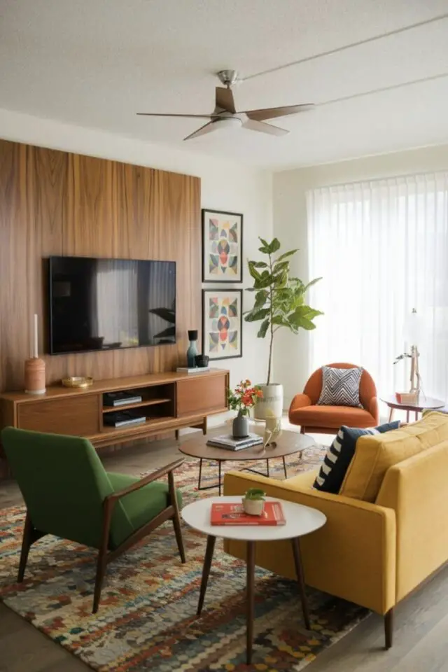 décoration murale télévision salon panneau mur bois décor chaleureux et rétro canapé jaune fauteuil vert et orange inspiration années 50 décoration murale télévision salon panneau mur bois décor chaleureux et rétro canapé jaune fauteuil vert et orange inspiration années 50