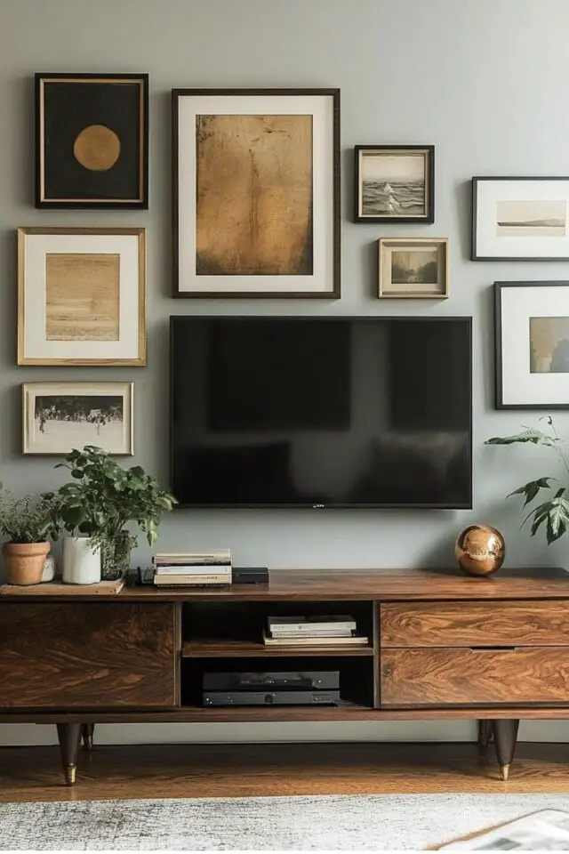 décoration murale télévision salon galerie de cadres autour de l'écran mur peinture gris décoration murale télévision salon galerie de cadres autour de l'écran mur peinture gris