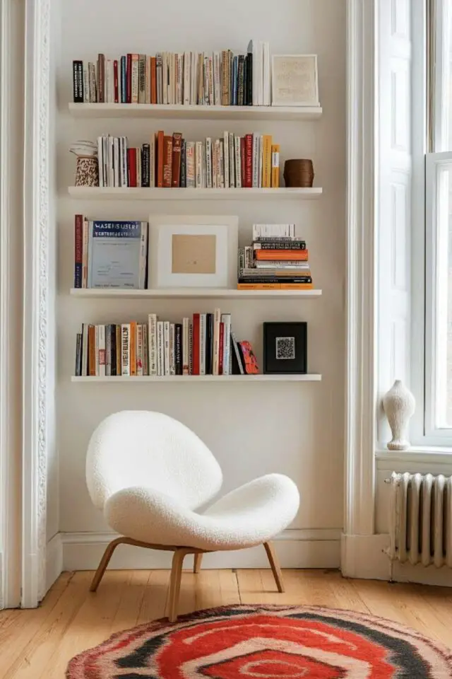 décoration murale salon pan de mur étagère rangement livre mini bibliothèque