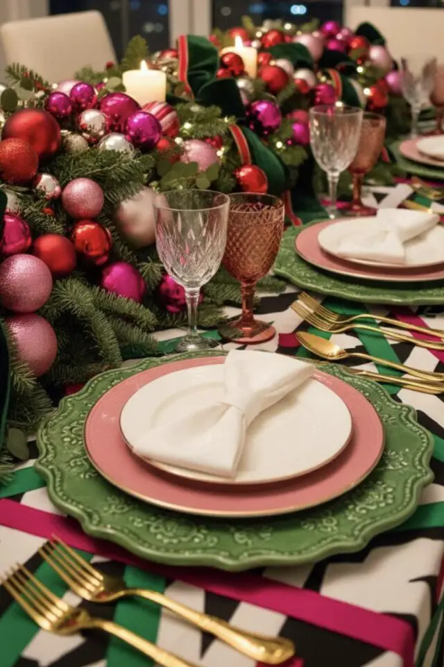 Noël décoration vert et rose table de fêtes assiette colorée centre chemin de table sapin et boules 