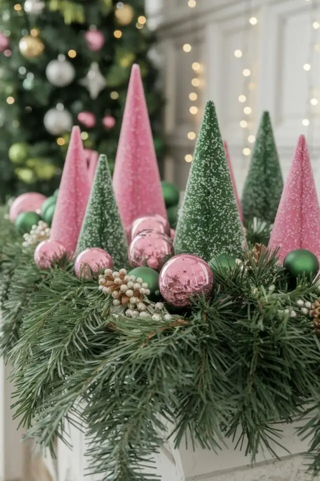 Noël décoration vert et rose dessus manteau de cheminée petit sapin décoratifs colorés boules métallisée branchage facile à copier 