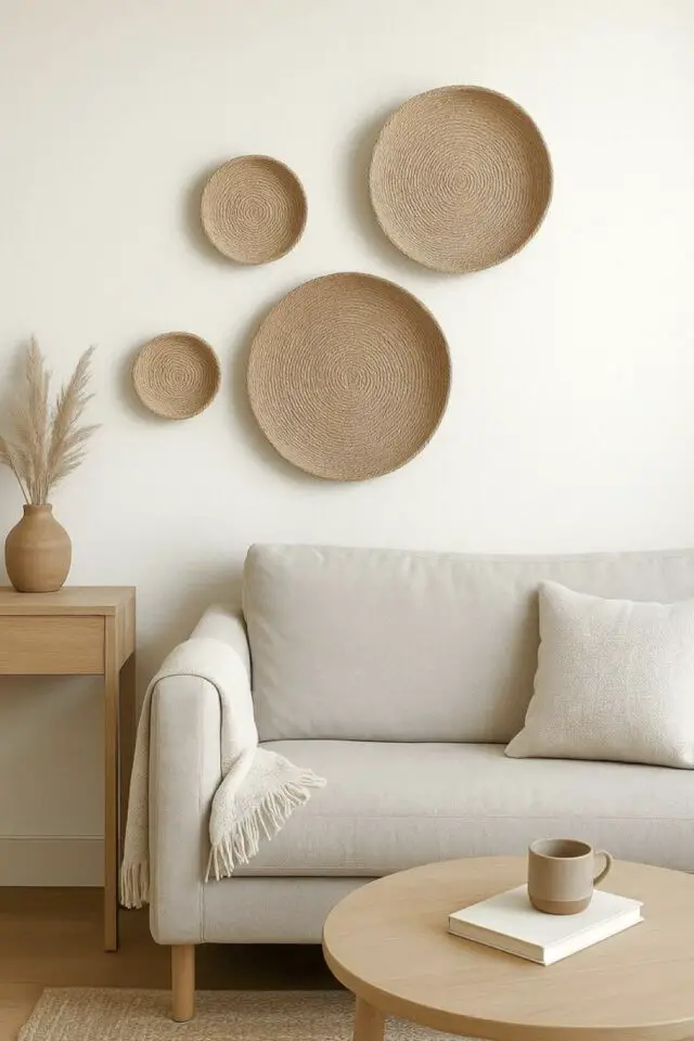 objet déco murale salon moderne fibres naturelle paniers plats accrochés au dessus du canapé objet déco murale salon moderne fibres naturelle paniers plats accrochés au dessus du canapé