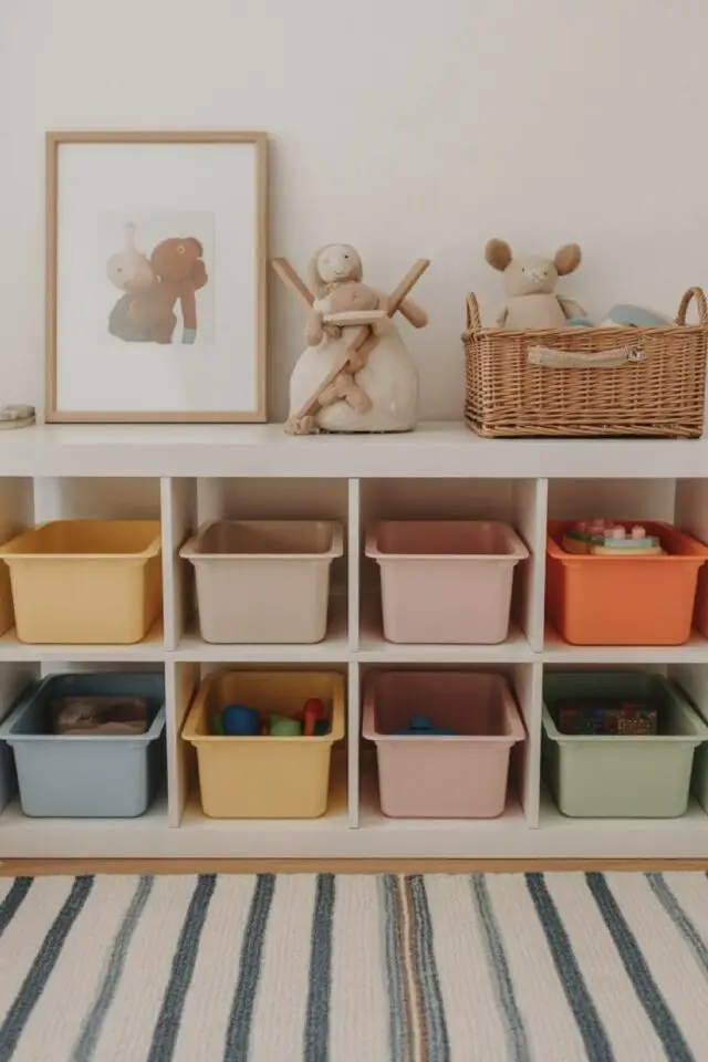 organisation petite salle de jeux meuble Ikea blanc bac de rangement coloré idée ludique rangement organisation petite salle de jeux meuble Ikea blanc bac de rangement coloré idée ludique rangement