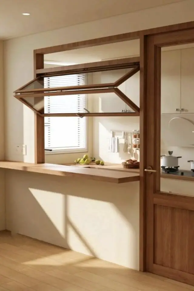 passe-plat cuisine moderne montant en bois avec vitre qui peut s'ouvrir idée pratique à copier passe-plat cuisine moderne montant en bois avec vitre qui peut s'ouvrir idée pratique à copier