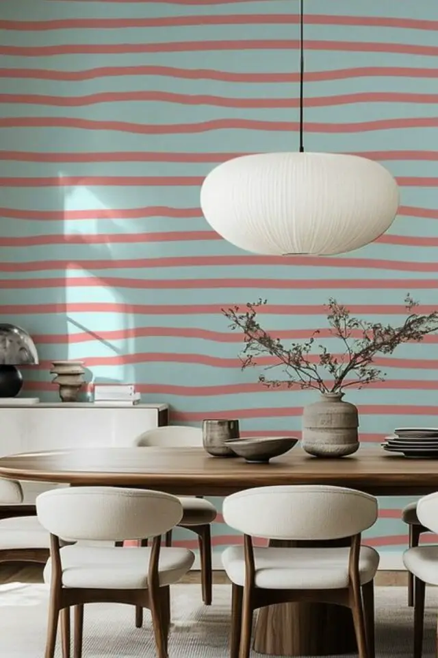 déco bleu ciel association couleur papier peint rayures horizontales corail salle à manger moderne déco bleu ciel association couleur papier peint rayures horizontales corail salle à manger moderne