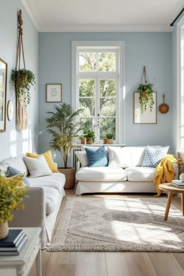 quelle couleur associer au bleu ciel salon peinture mur canapé blanc touche de jaune et de vert plantes d'intérieur suspendues quelle couleur associer au bleu ciel salon peinture mur canapé blanc touche de jaune et de vert plantes d'intérieur suspendues