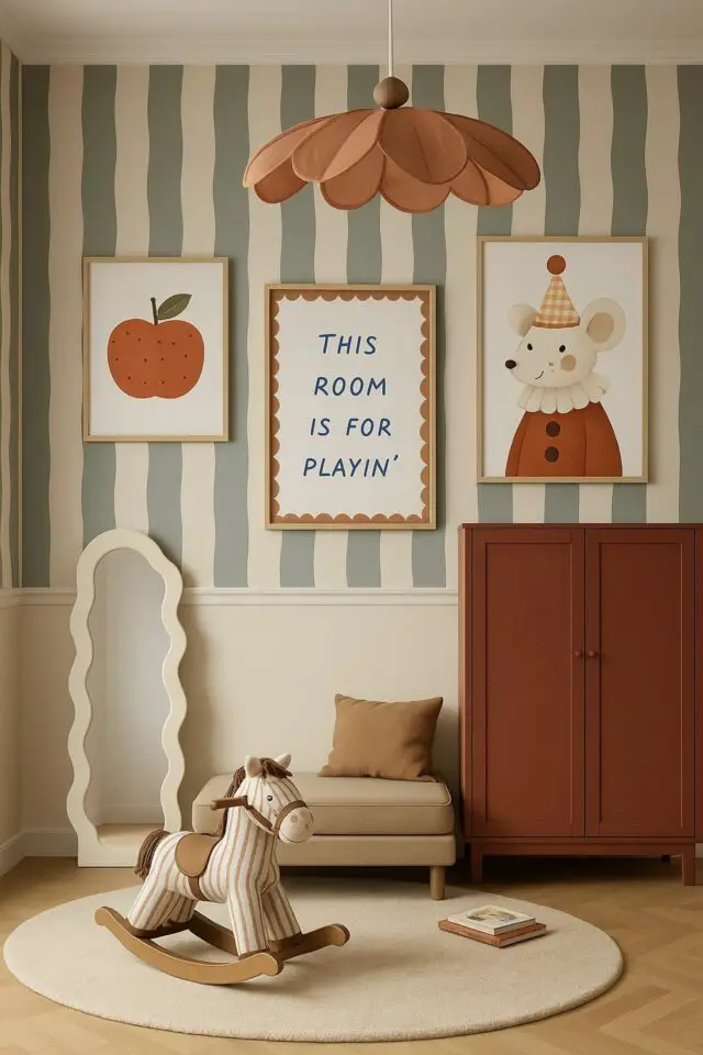 exemple intérieur bleu ciel chambre enfant papier peint rayure avec soubassement crème meuble et accessoires décoratifs couleur terreuse marron brun exemple intérieur bleu ciel chambre enfant papier peint rayure avec soubassement crème meuble et accessoires décoratifs couleur terreuse marron brun